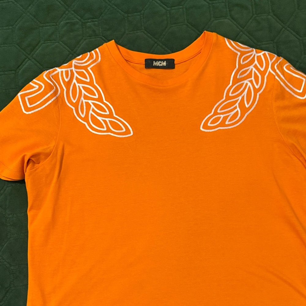 MCM Orange Tee with White Leaf Accents